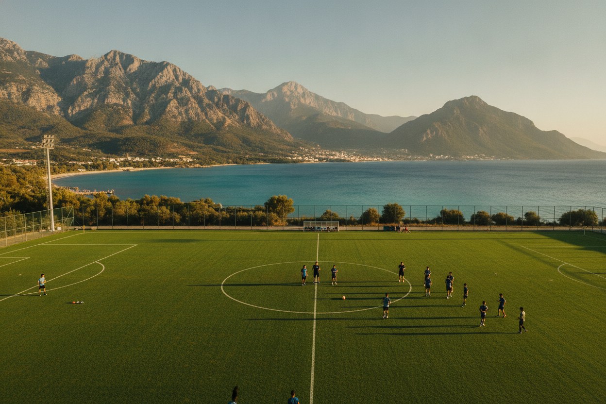 Antalya'da çim sahada antrenman yapan genç futbolcular